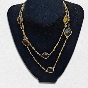Vintage Glass Stones Layered Necklace Gold Tone Chain Slip On Olive Green W OS
